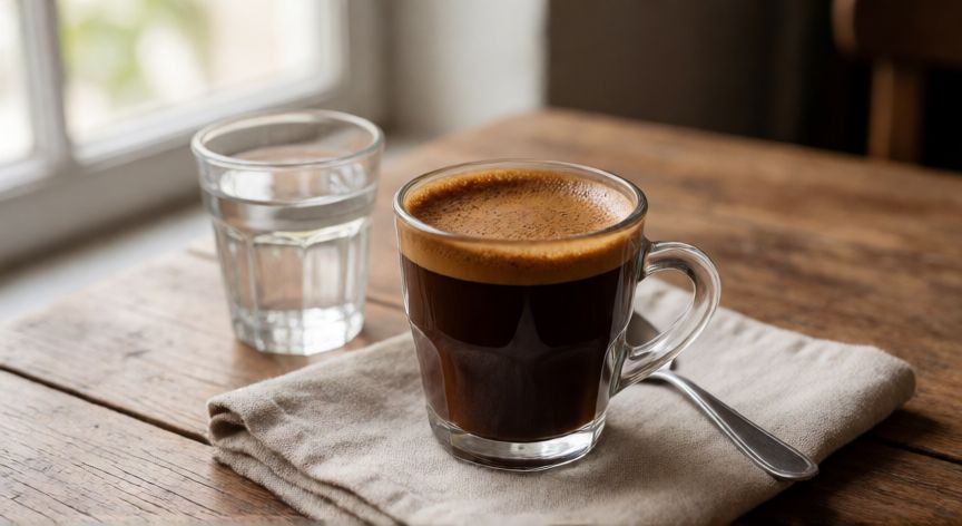 como hacer cafe griego, Taza de café griego con espuma densa servida junto a un vaso de agua sobre mesa de madera