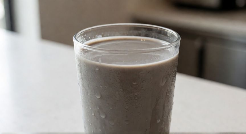 como hacer cafe grisaceo, Vaso alto con café grisáceo emulsionado y textura uniforme