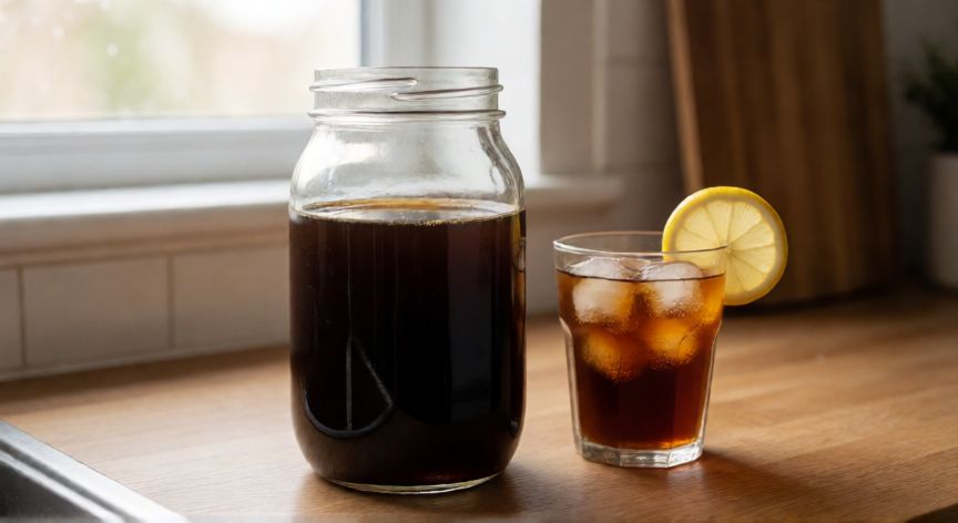 como hacer cafe helado, Jarra de café cold brew y vaso con hielo sobre una mesa de madera