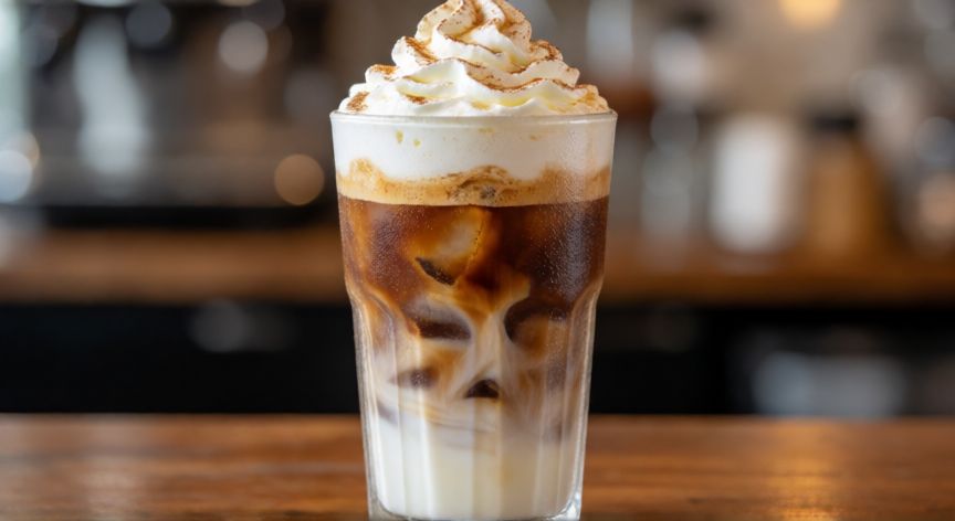 como hacer cafe helado, Vaso alto de café helado con espuma y crema batida en una cafetería