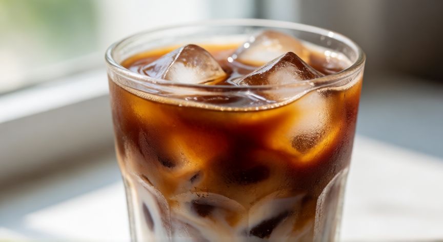 como hacer cafe helado con cafe instantaneo, Vaso de café helado con capas visibles sobre hielo