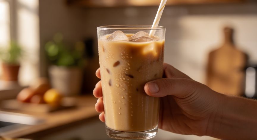 como hacer cafe helado con cafe instantaneo, Bebida de café helado cremoso con pajita en un vaso alto