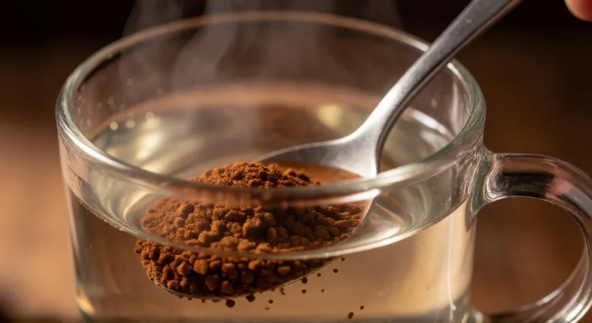 Proceso de disolver café soluble en agua caliente para crear el concentrado base