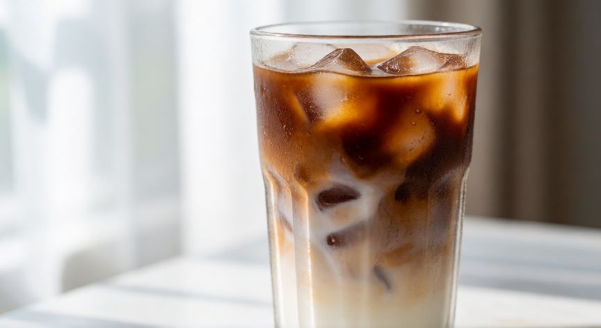 como hacer cafe helado con cafe soluble, Vaso de café helado con capas visibles de leche y café sobre hielo