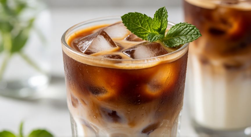 como hacer cafe helado en thermomix, Vaso de café helado con capas y hielo servido
