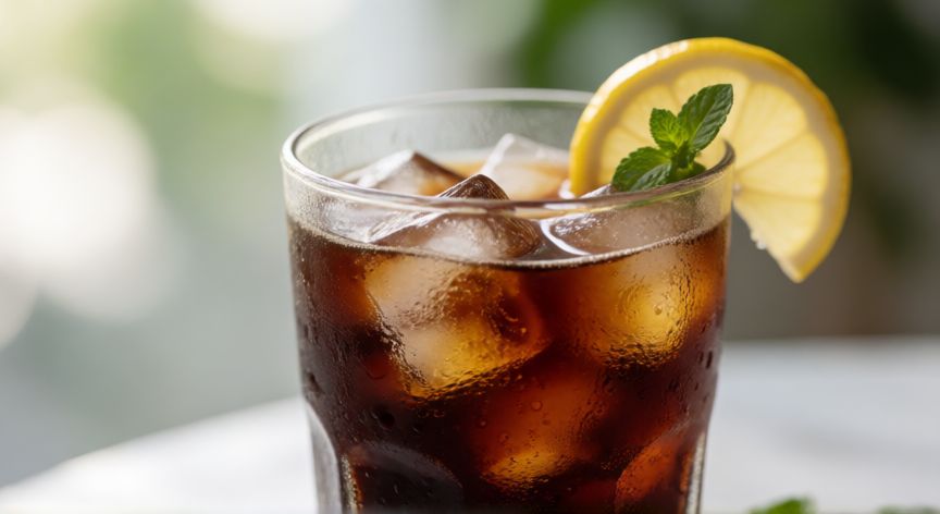 como hacer cafe helado sin leche, Vaso alto de café helado oscuro sobre hielo con condensación