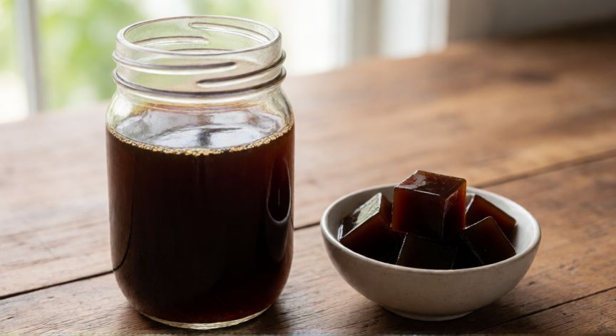 como hacer cafe helado sin leche, Frasco de café frío concentrado junto a cubitos de hielo de café