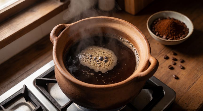 como hacer cafe hervido, Olla de barro con café hirviendo suavemente en la cocina