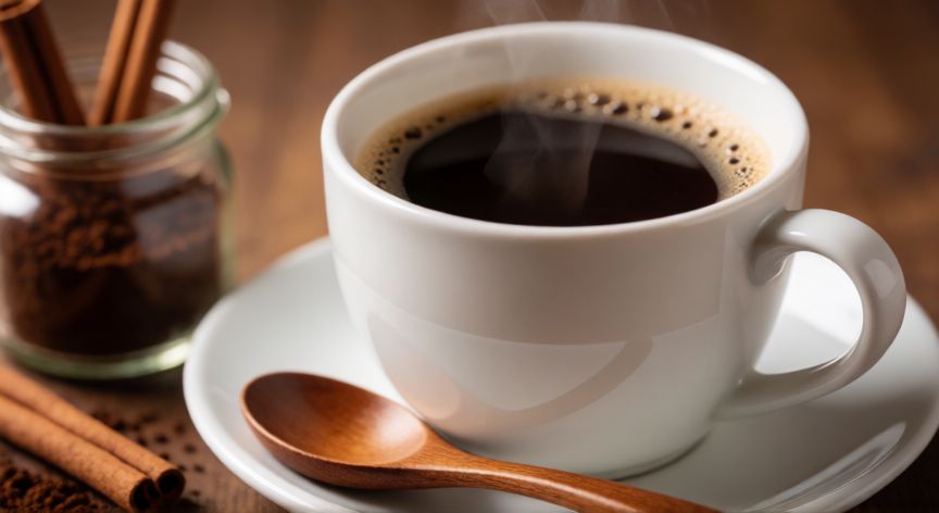 como hacer cafe hervido, Taza de café hervido recién servido con fondo desenfocado