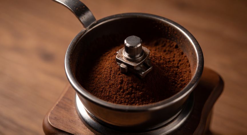 como hacer cafe instantaneo, Molienda fina de café oscuro en un molinillo de madera