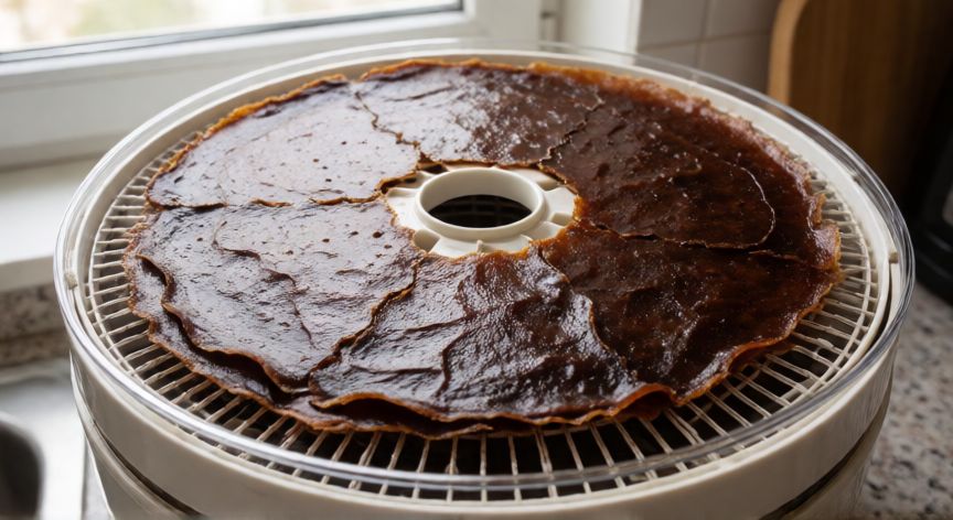 como hacer cafe instantaneo, Bandeja de deshidratadora con café líquido secándose en capa fina
