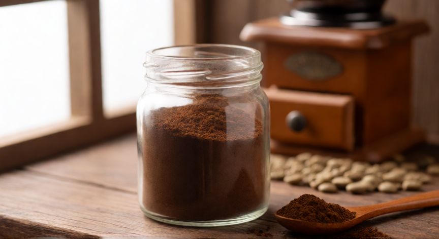 como hacer cafe instantaneo casero, Bote de cristal con café instantáneo casero molido