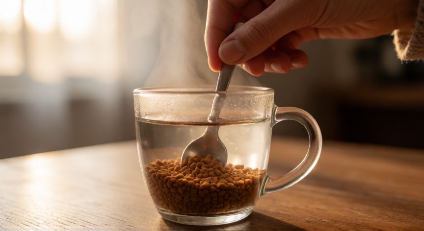 como hacer café instantáneo con leche, Mezclando café instantáneo en una taza de cristal con agua caliente