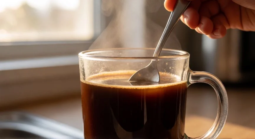 Preparación de café instantáneo Nescafé en vaso de cristal con vapor