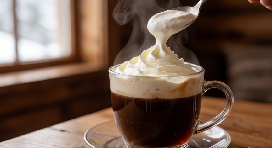 como hacer cafe irlandes, Café irlandés terminado con crema batida cayendo por la cuchara
