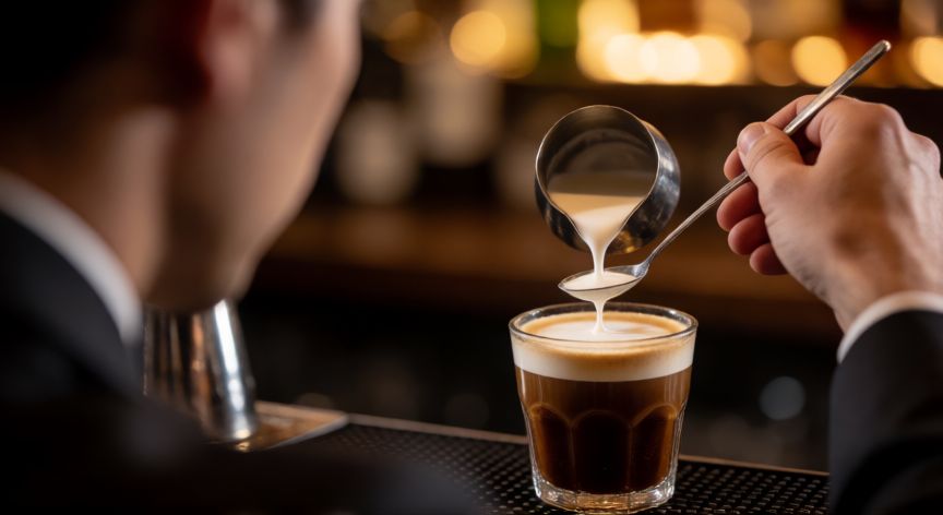 como hacer cafe irlandes tres colores, Barista vertiendo crema con una cuchara para hacer capas de café irlandés