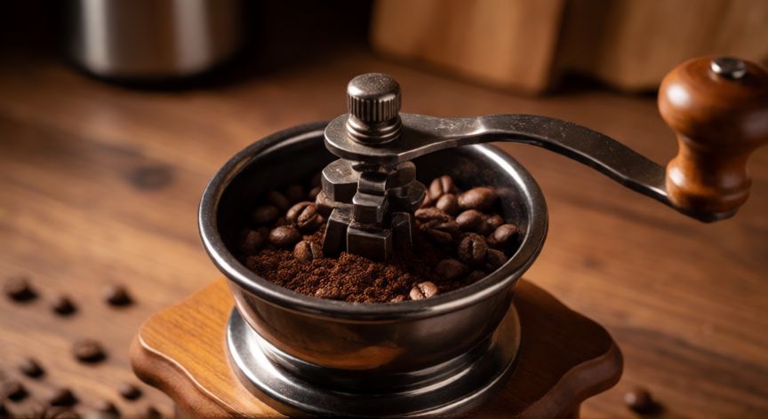 como hacer cafe italiano, Molienda de café italiano fina en un molinillo manual sobre encimera de madera