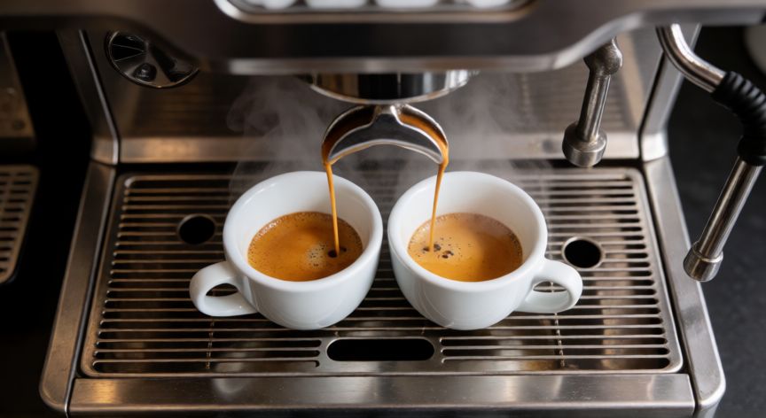 como hacer cafe italiano, Extracción de espresso en máquina italiana con crema dorada en tazas pequeñas