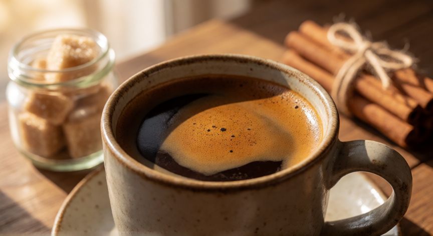 como hacer cafe jamaicano, Taza de café jamaicano con leche condensada y canela en una mesa de madera