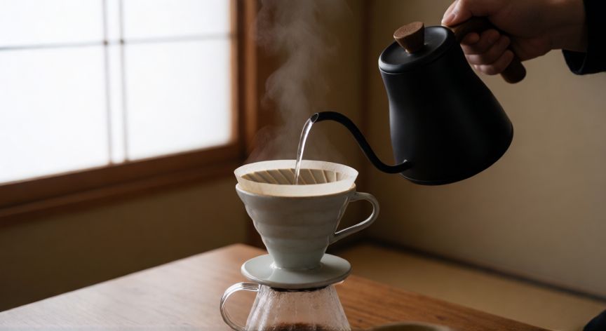 como hacer cafe japones, Preparación de café japonés V60 con vertido en espiral sobre mesa de madera