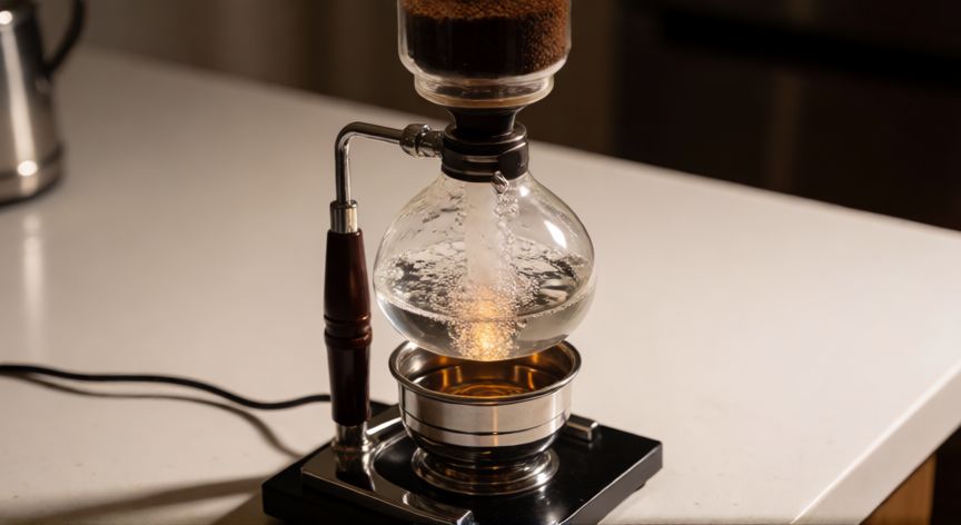 como hacer cafe japones, Método de sifón japonés funcionando con globo de cristal y soporte metálico