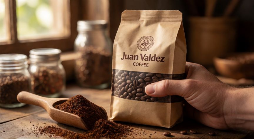 como hacer cafe juan valdez, Bolsa de café Juan Valdez y cuchara con café molido de textura media