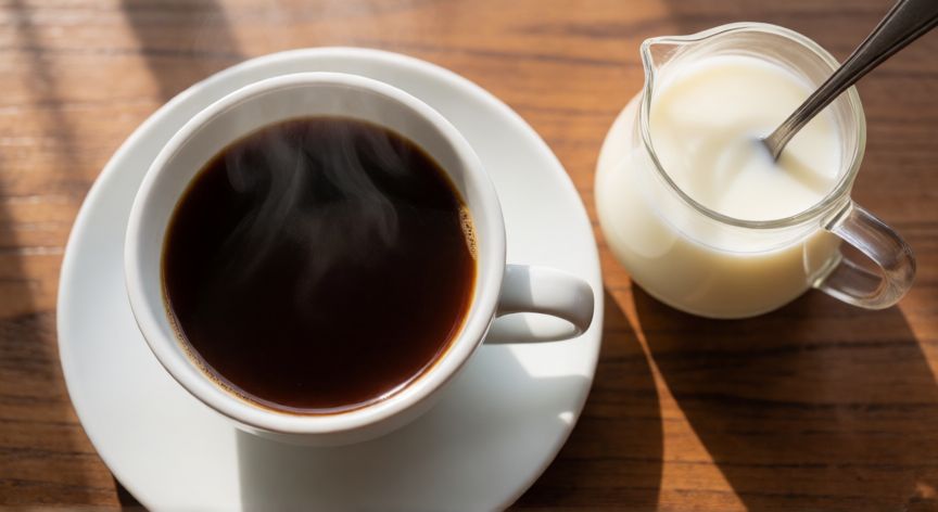 como hacer cafe juan valdez, Taza de café colombiano humeante junto a jarra de leche tibia