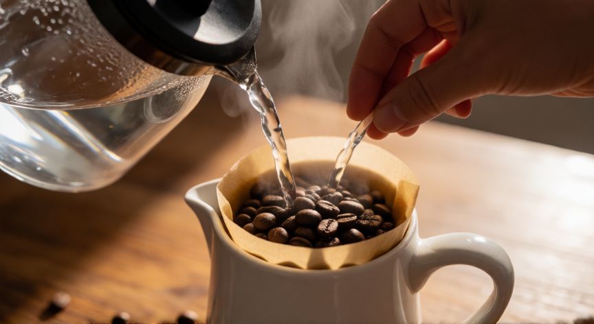 como hacer cafe juan valdez en cafetera, Mano vertiendo agua en cafetera con café Juan Valdez molido