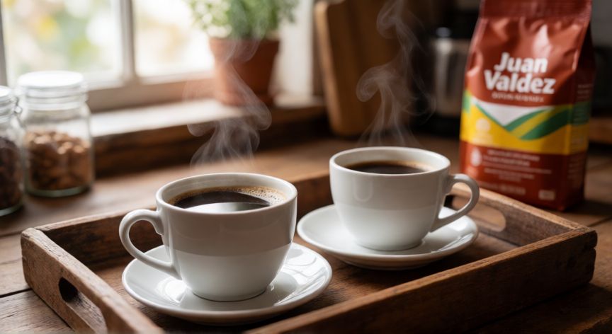 como hacer cafe juan valdez en cafetera, Tazas de café recién preparado en bandeja de madera con fondo cálido