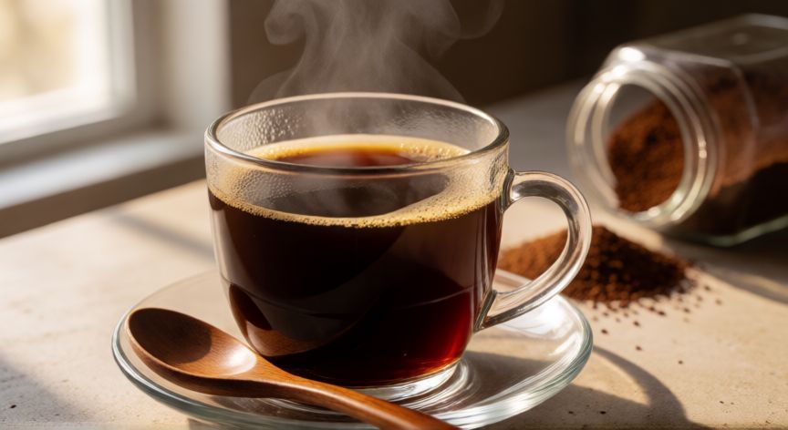 como hacer cafe juan valdez instantaneo, Taza de café negro humeante con bote de café instantáneo al fondo