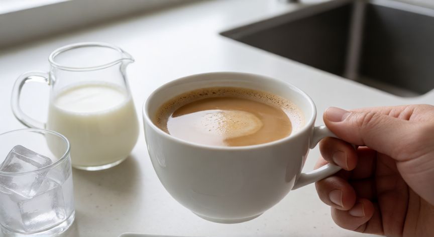 como hacer cafe juan valdez instantaneo, Copa de café con leche cremosa en una mesa de cocina moderna