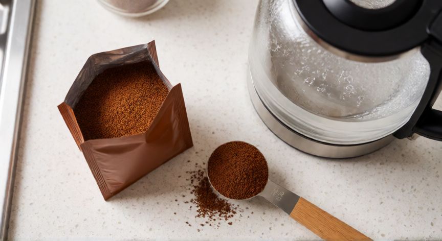 como hacer cafe juan valdez liofilizado, Cucharilla de café liofilizado y tetera lista para servir