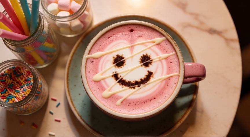 cómo hacer café kawaii, Vista cenital de mesa con café latte kawai y accesorios dulces