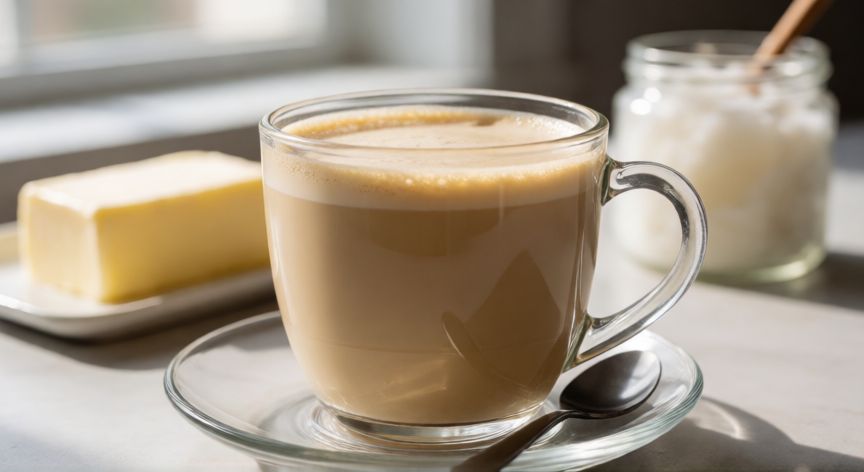 como hacer cafe keto, Vaso de café keto cremoso con mantequilla y aceite de coco al fondo