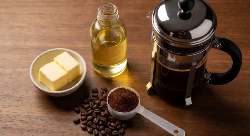 como hacer cafe keto, Ingredientes para hacer café keto sobre una mesa de madera