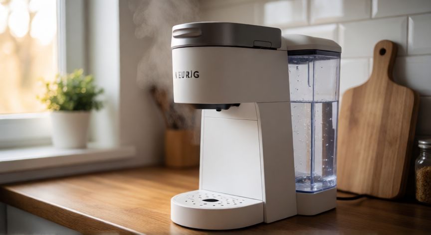 como hacer cafe keurig, Cafetera Keurig blanca con depósito de agua lleno sobre encimera de madera