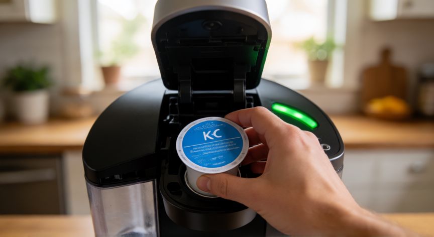 como hacer cafe keurig, Mano insertando una cápsula K-Cup en el compartimento de la cafetera Keurig