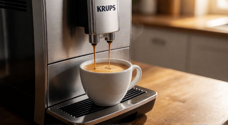 como hacer cafe krups, Cafetera Krups de acero inoxidable sirviendo espresso con crema