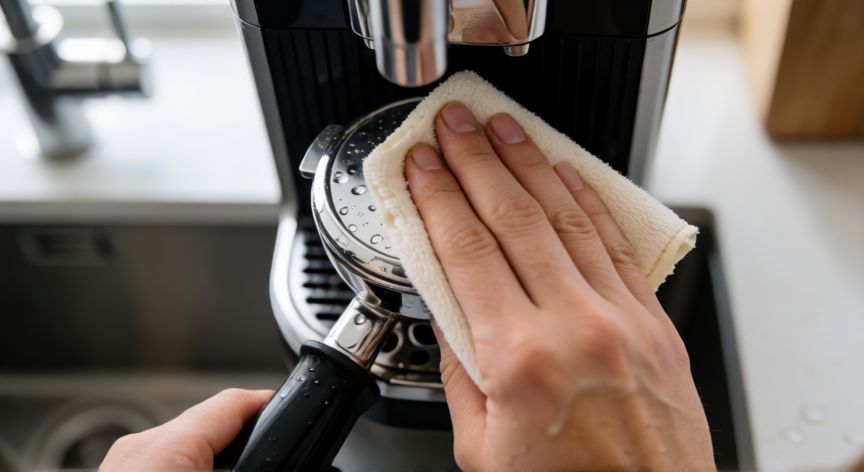 como hacer cafe krups, Manos limpiando el portafiltro de una cafetera bajo el grifo