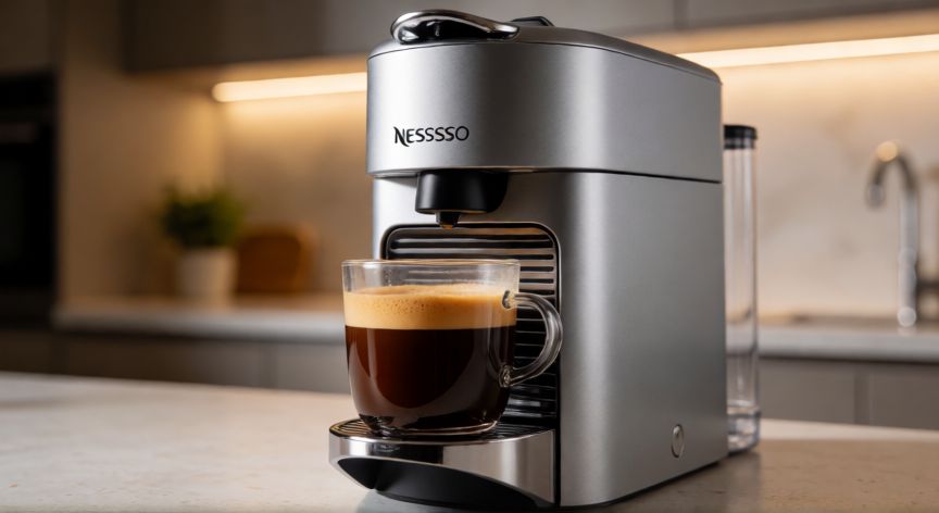 como hacer cafe largo en nespresso, Máquina Nespresso preparando un café largo en una taza de vidrio transparente