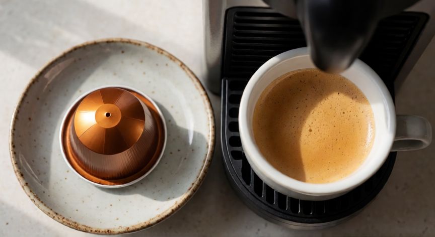 como hacer cafe largo en nespresso, Vista cenital de una cápsula Nespresso abierta junto a una taza de café largo