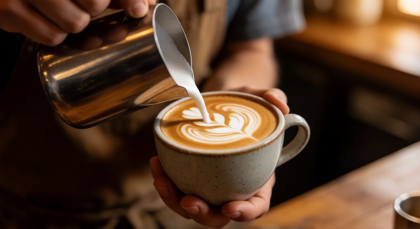 como hacer cafe latte, Barista vertiendo leche vaporizada para hacer arte latte en una taza de café