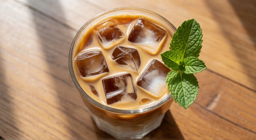 como hacer cafe latte, Vista cenital de un café latte en vaso transparente con capas definidas y hielo