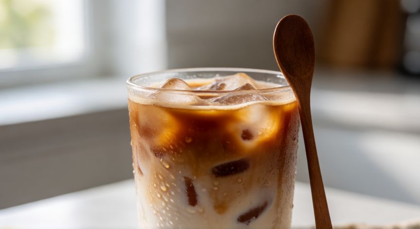 como hacer cafe latte frio, Vaso de cristal con café latte frío y hielos sobre una mesa de cocina