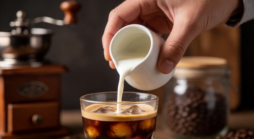 como hacer cafe latte frio, Manos vertiendo leche fría sobre café espresso con hielo en un vaso