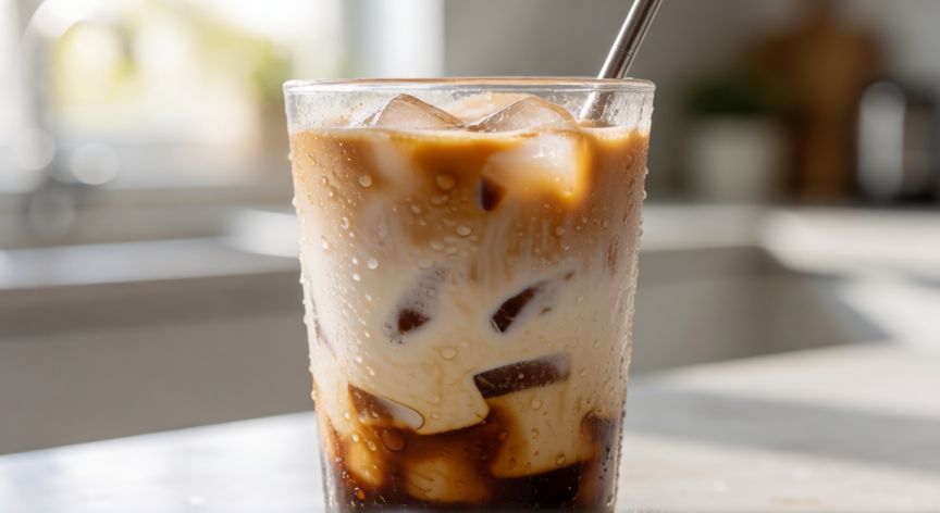 como hacer café latte frío en casa, Vaso de café latte frío con capas visibles de espresso y leche