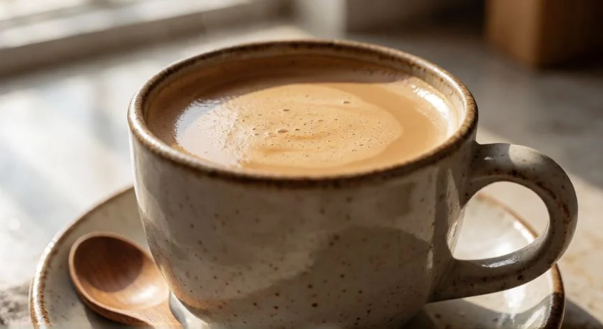 Taza de café lechero cremoso con textura suave en una cocina iluminada por luz natural