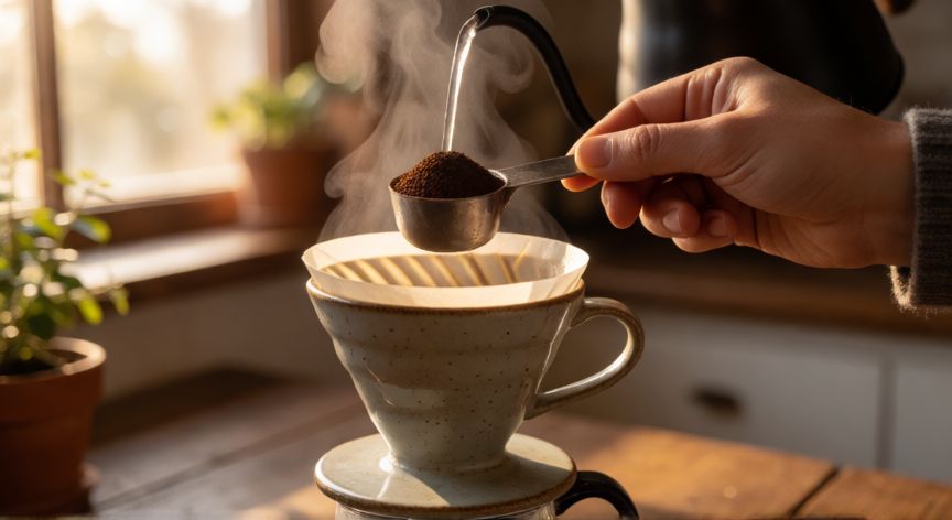 como hacer cafe legal, Preparación de café de goteo V60 con agua caliente en una cocina