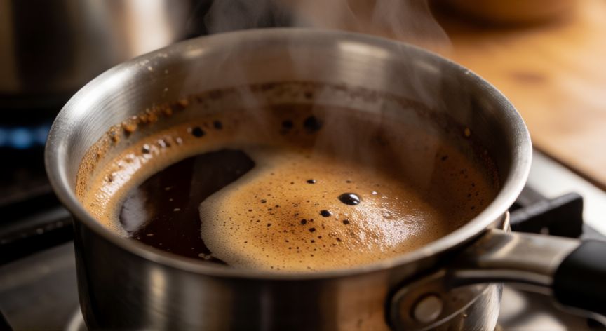 como hacer cafe legal de olla, Preparación de café legal en olla con espuma formándose