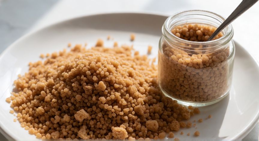 como hacer cafe liofilizado en casa, Cristales de café liofilizado casero secos en un plato blanco
